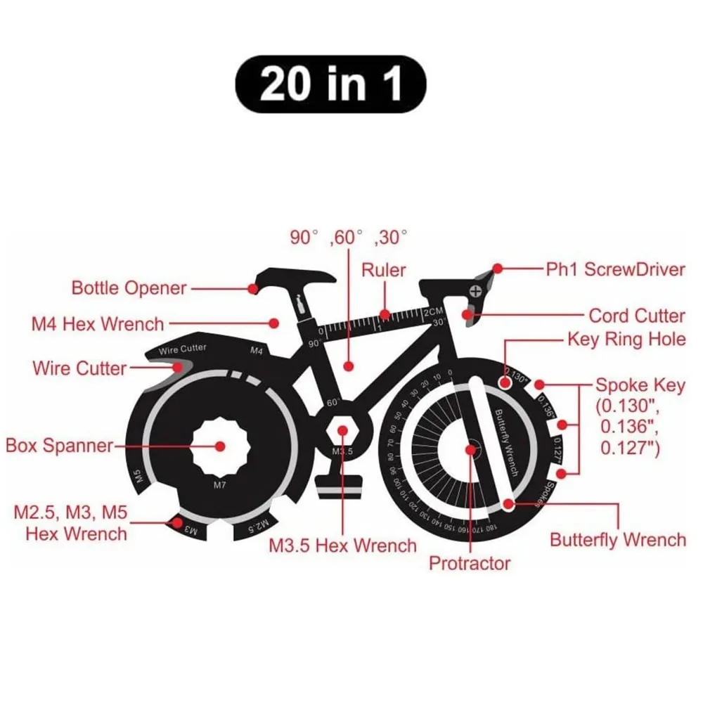 Multitool Credit Card - ​ ​ 20-in-1自転車マルチツールカード - クレジットカードサイズのキーチェーンツールキット（六角レンチ＆スパナ付き）、MTB/ロードバイク修理用ポータブルツール