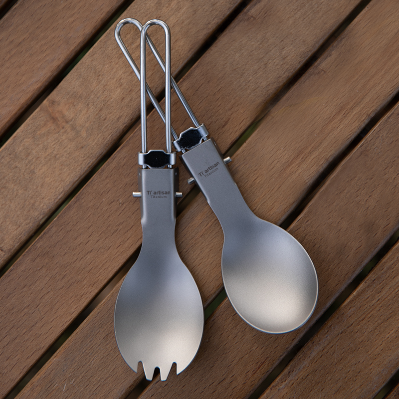 Edc Everyday Carry Knives - Tiartisan チタン折りたたみスプーンスポーク屋外再利用可能なポータブル食器旅行キャンプ食器収納袋付き