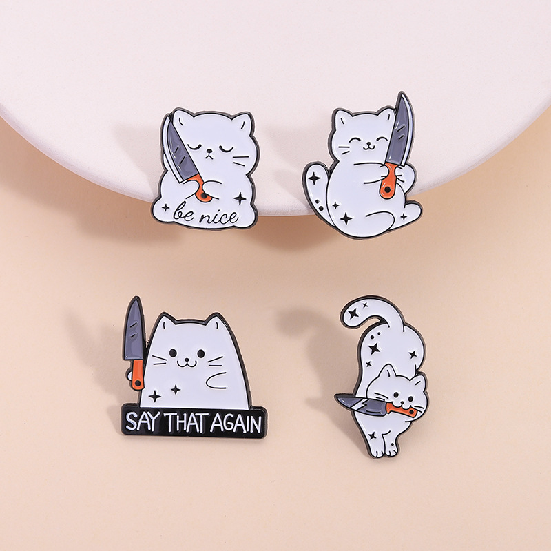 Edc Everyday Carry Knives - かわいい漫画白猫小さなナイフエナメルブローチクリエイティブ動物ラペルピンバッジバックパック衣類帽子アクセサリー