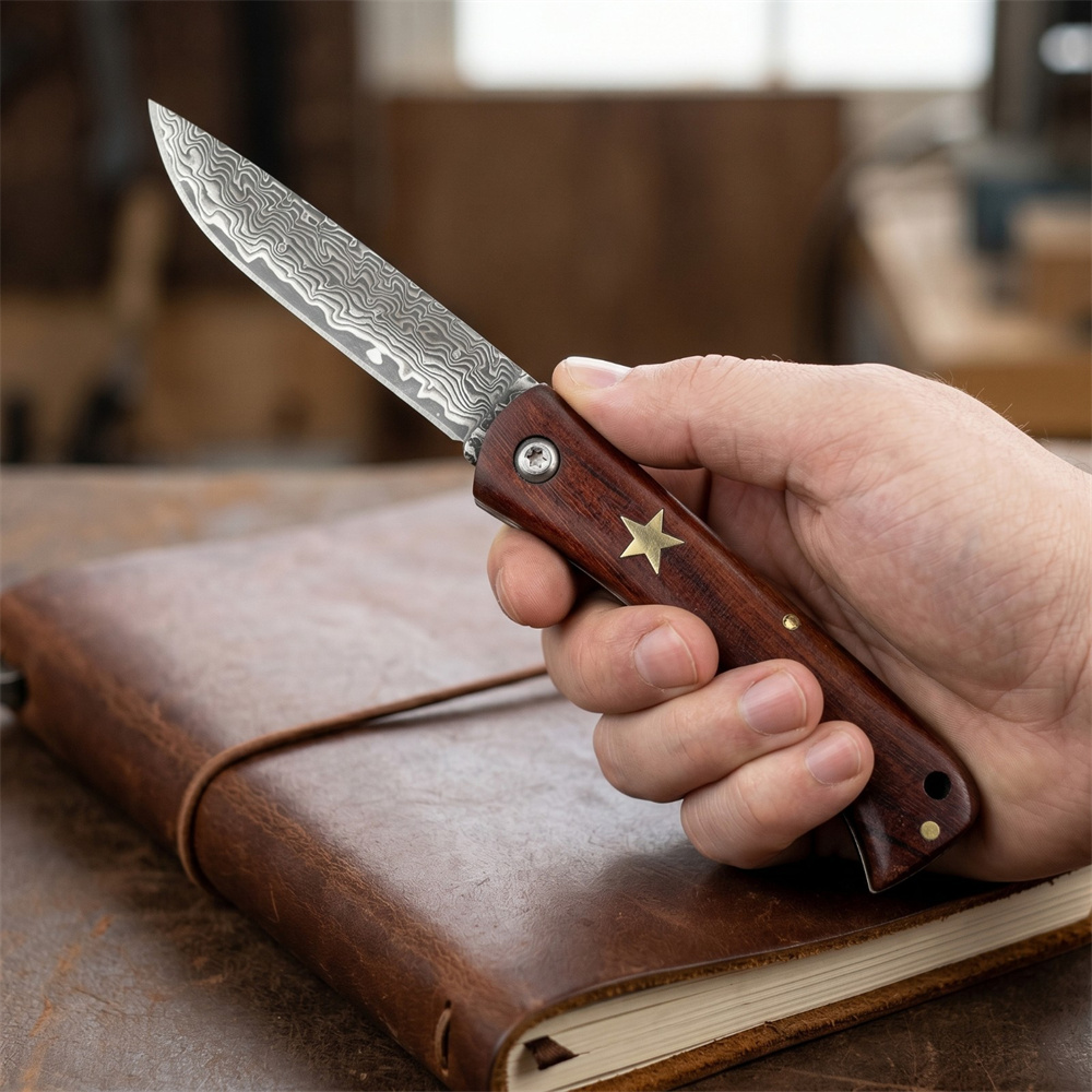 Edc Fixed Blade Deep Carry - コンパクトアウトドアサバイバルダマスカス折りたたみポケットナイフローズウッドハンドル真鍮スターEDCキャンプハンティングユーティリティキャリーナイフ